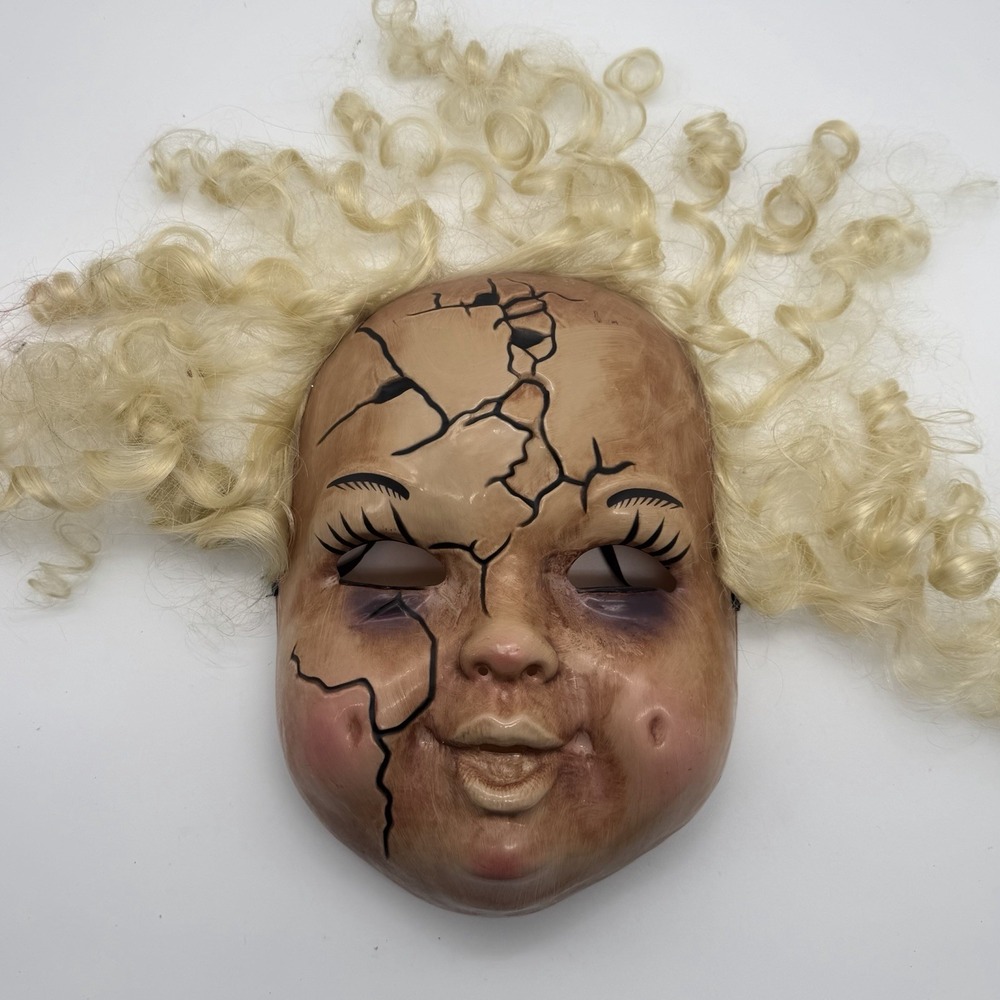 Creepy Cracked Doll Face Mask Blonde Hair Adult Halloween Horror Costume